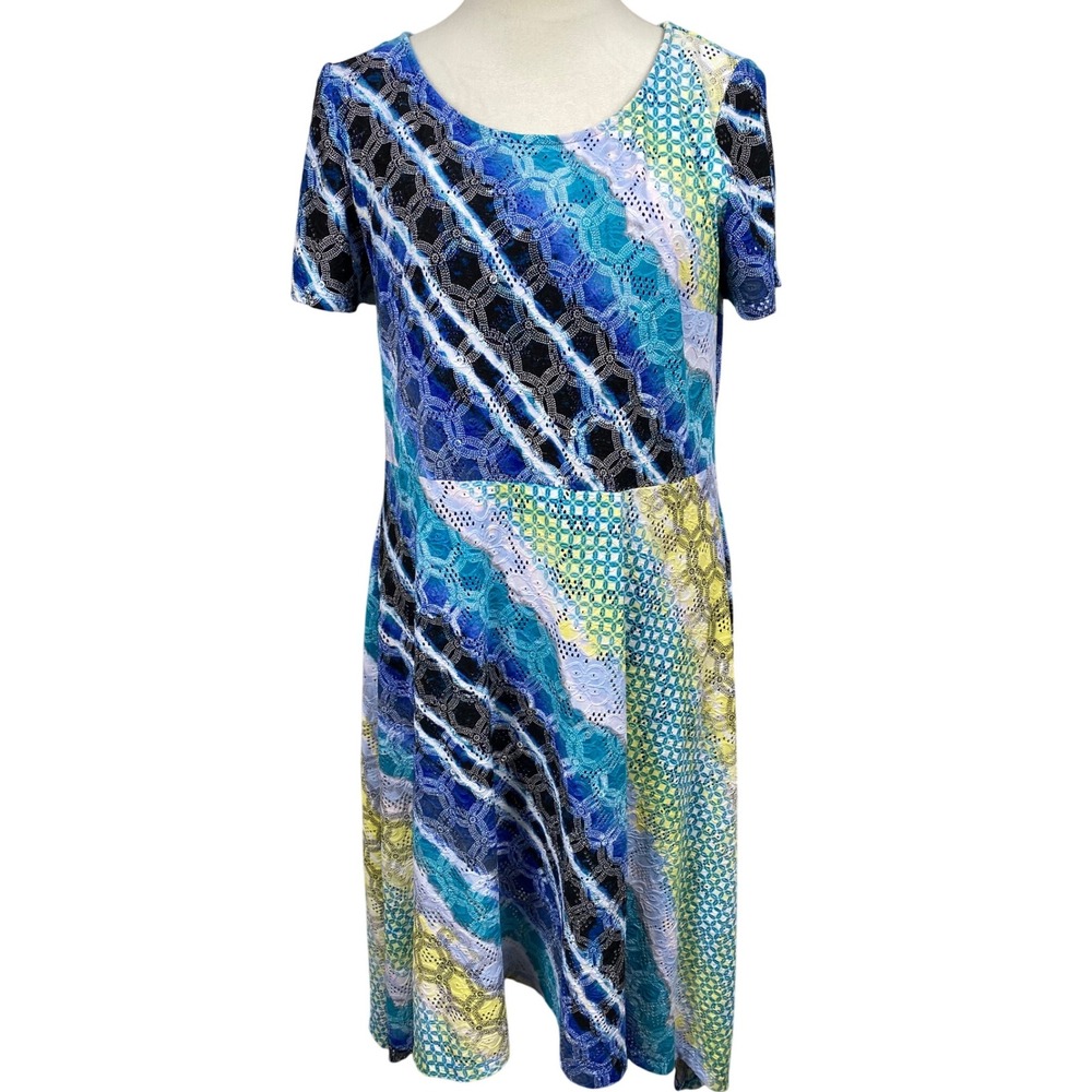 Dana Buchman Knit‎ Dress Blue Yellow Geometric Print Casual Sundress L
